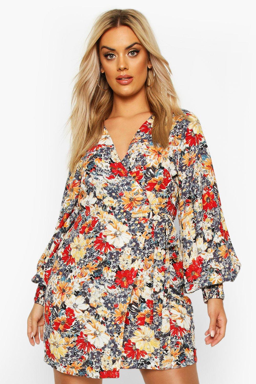 Plus Large Scale Floral Print Belted ...